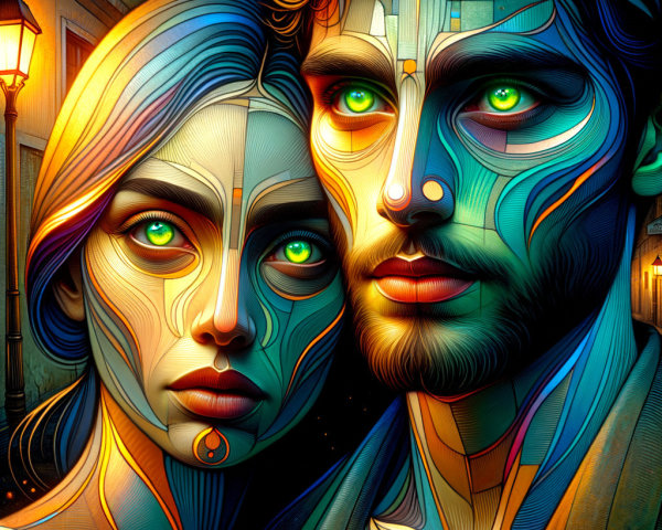 Vibrant Illustration of a Couple in Dreamlike Setting