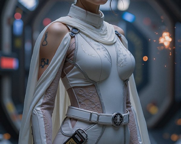 Female Figure in Futuristic Corridor with White Suit