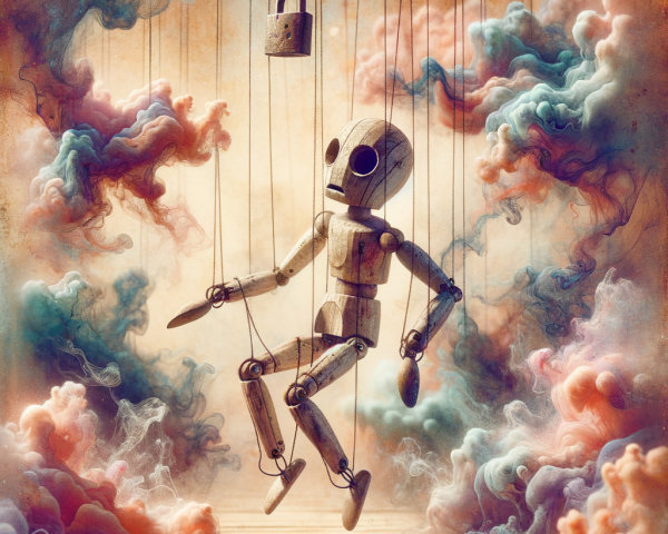 Wooden Marionette in Surreal Cloud Landscape