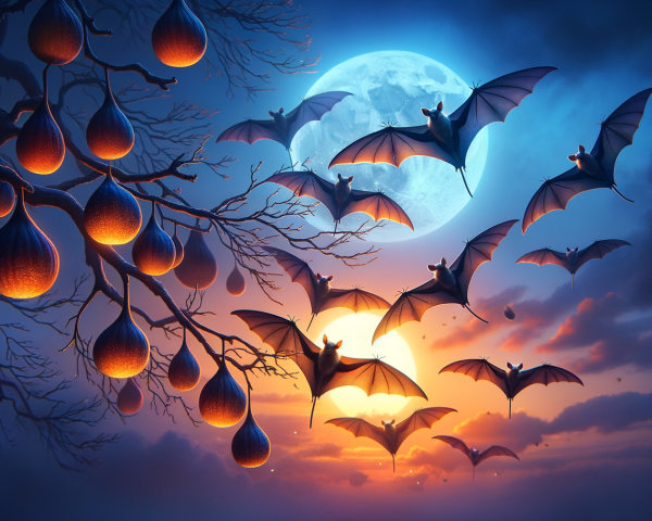 Mystical Twilight Scene with Dark Tree and Bats