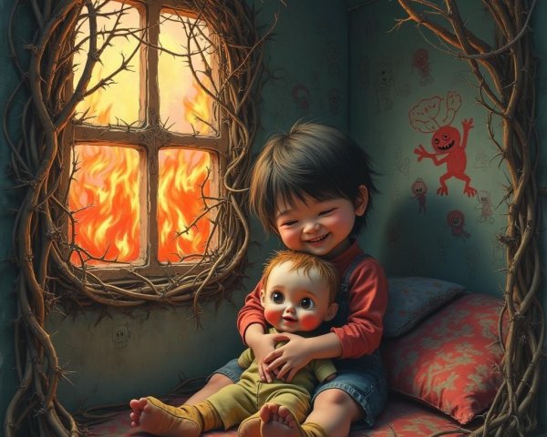 Whimsical Room with Child, Doll, and Eerie Flames