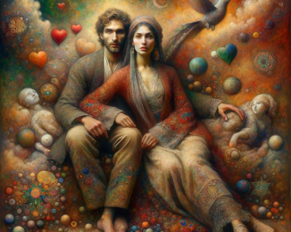 Couple in Dreamlike Setting with Whimsical Elements