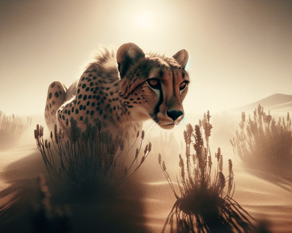 Cheetah in Sunlit Desert Landscape with Sand Dunes