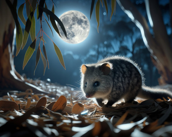 Nocturnal Marsupial in a Moonlit Forest Setting