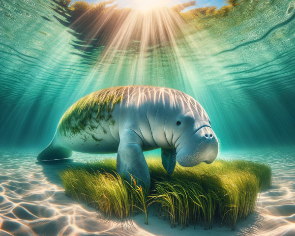 Underwater Scene of a Manatee Near Seagrass
