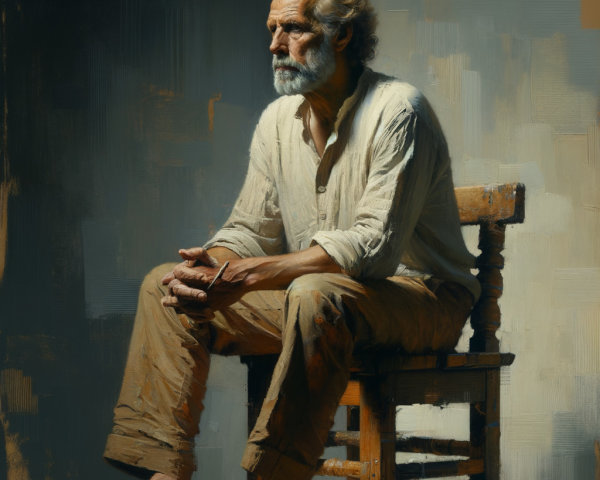 Elderly Man in Contemplation on Wooden Chair