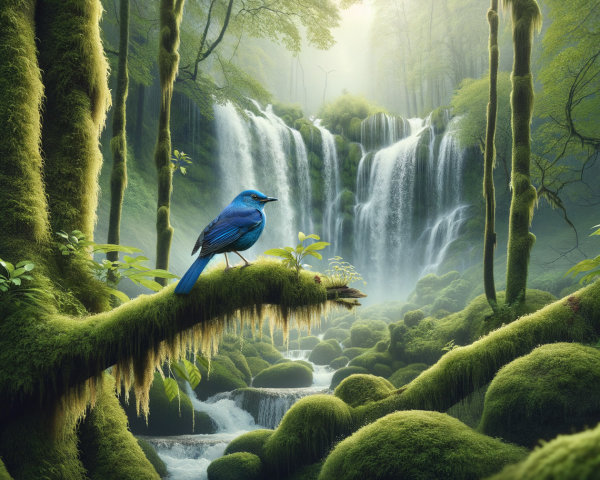 Vibrant blue bird on mossy branch in rainforest setting
