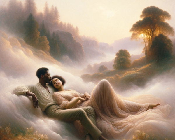 Couple Embracing in a Misty Dreamy Landscape