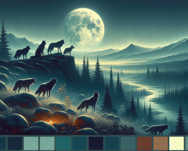 Wolves on a Cliff Under a Full Moon at Night