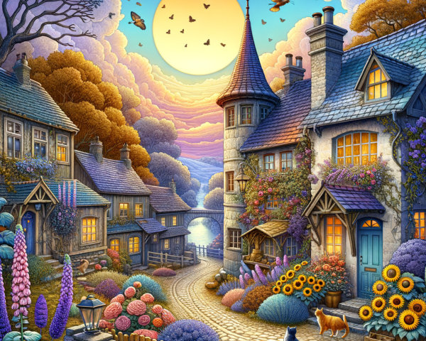 Serene Village Scene at Sunset with Cottages and Nature