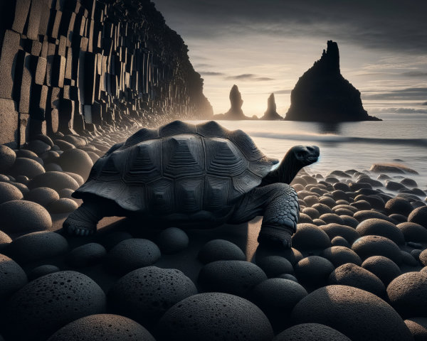 Majestic Tortoise on Rocky Shoreline with Cliffs