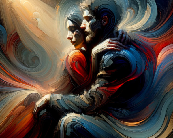Couple Embracing in Vibrant Brushstrokes and Light