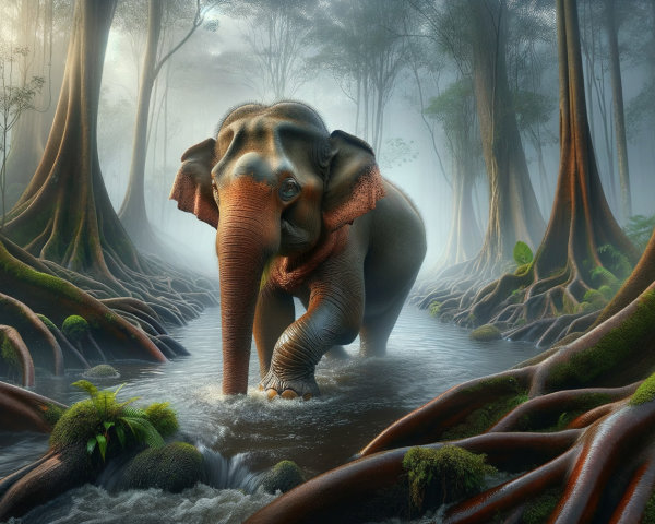 Elephant in Misty Forest by a Serene Stream