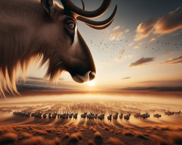 Antelope in Sunset with Herd and Mountain Silhouettes