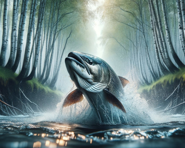 Fish Leaping in Misty River Surrounded by Trees