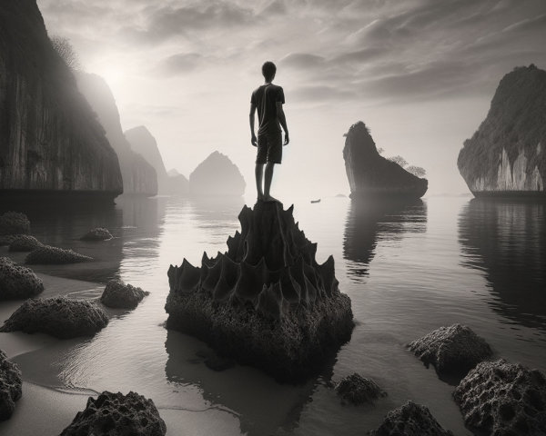 Monochrome Scene of Solitary Figure by Reflective Lagoon