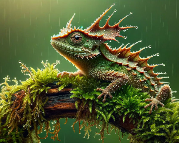 Vibrant lizard on mossy branch with textured scales