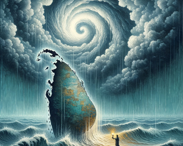 Lone Figure with Lantern by Stormy Ocean Vortex