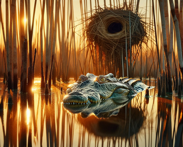 Crocodile in tranquil waterway at sunset with reeds