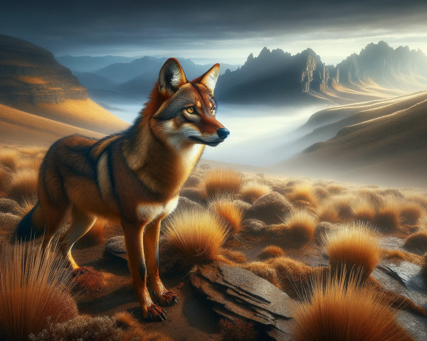 Coyote in Serene Landscape with Rolling Hills and Peaks
