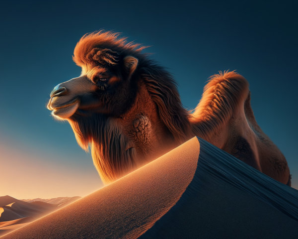 Camel on Golden Sand Dune at Sunset in Desert