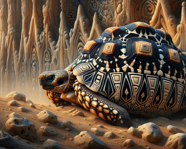 Tortoise on Sandy Landscape with Textured Cliffs