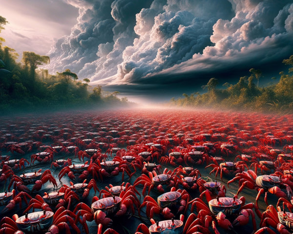 Surreal Landscape with Red Crabs and Stormy Clouds