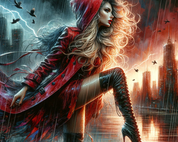 Fierce figure in red coat against stormy urban backdrop