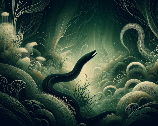 Mystical Underwater Landscape with Black Serpent and Flora