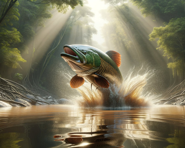 Majestic fish leaping in serene forest waterway