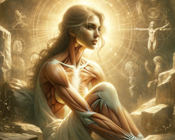 Female Figure Among Ancient Stones with Anatomical Features