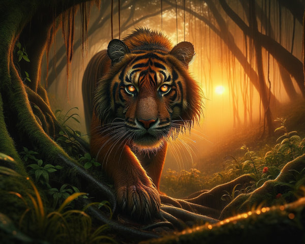 Tiger in Lush Jungle at Sunset with Golden Light