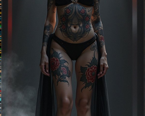 Confident figure with tattoos in ornate dim setting