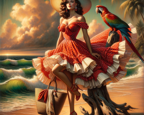 Glamorous Woman in Red Polka Dot Dress at Beach