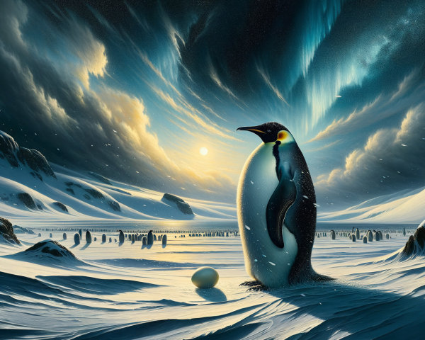 Emperor Penguin with Egg in Arctic Landscape and Auroras