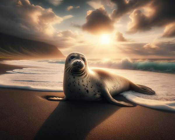Serene beach scene with a lounging seal at sunset