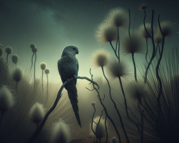 Solitary Parrot in Surreal Ethereal Landscape