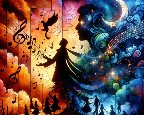 Vibrant Stained-Glass Scene with Music and Motion
