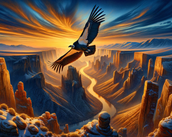 Eagle Soaring Over Canyon at Sunrise with River Below