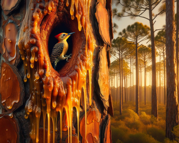 Vibrant forest scene with tree and woodpecker at dawn