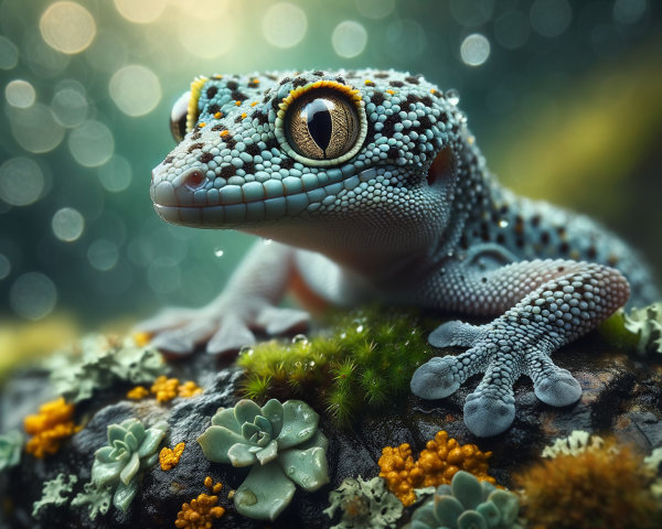 Vibrant Gecko on Moss-Covered Log in Lush Setting