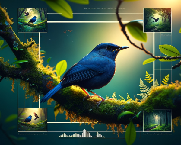 Vibrant Blue Bird on Mossy Branch in Enchanted Forest