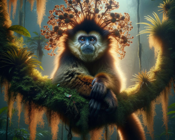 Gibbon in a Flower Crown Amidst Lush Jungle Scene