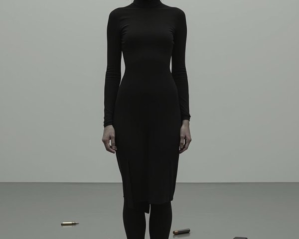 Sleek Black Dress on Gray Floor with Scattered Objects