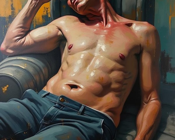 Older Man in Chair with Muscular Torso and Abstract Background