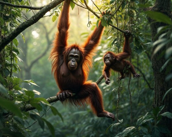 Orangutans Swinging in a Lush Rainforest Setting