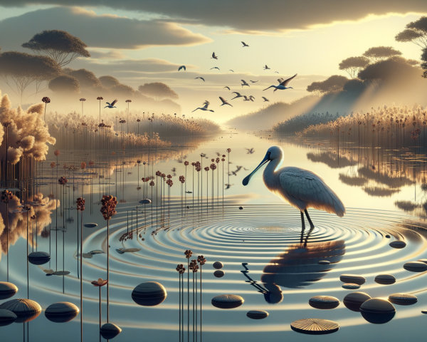 Tranquil River Landscape with Birds and Lush Plants