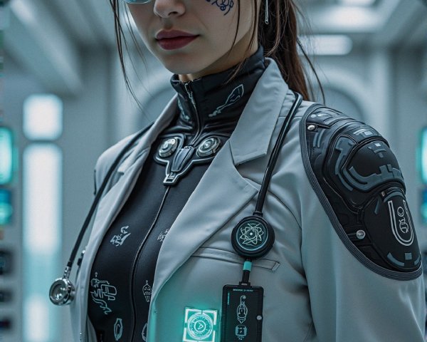 Futuristic Lab with Confident Woman in High-Tech Attire