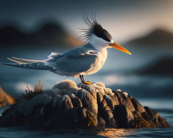 White Bird with Black Crest on Rugged Rock by Water
