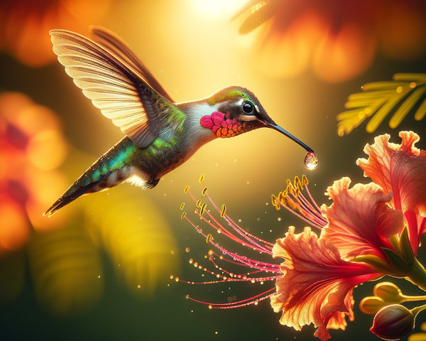 Hummingbird Near Hibiscus Flower in Golden Light
